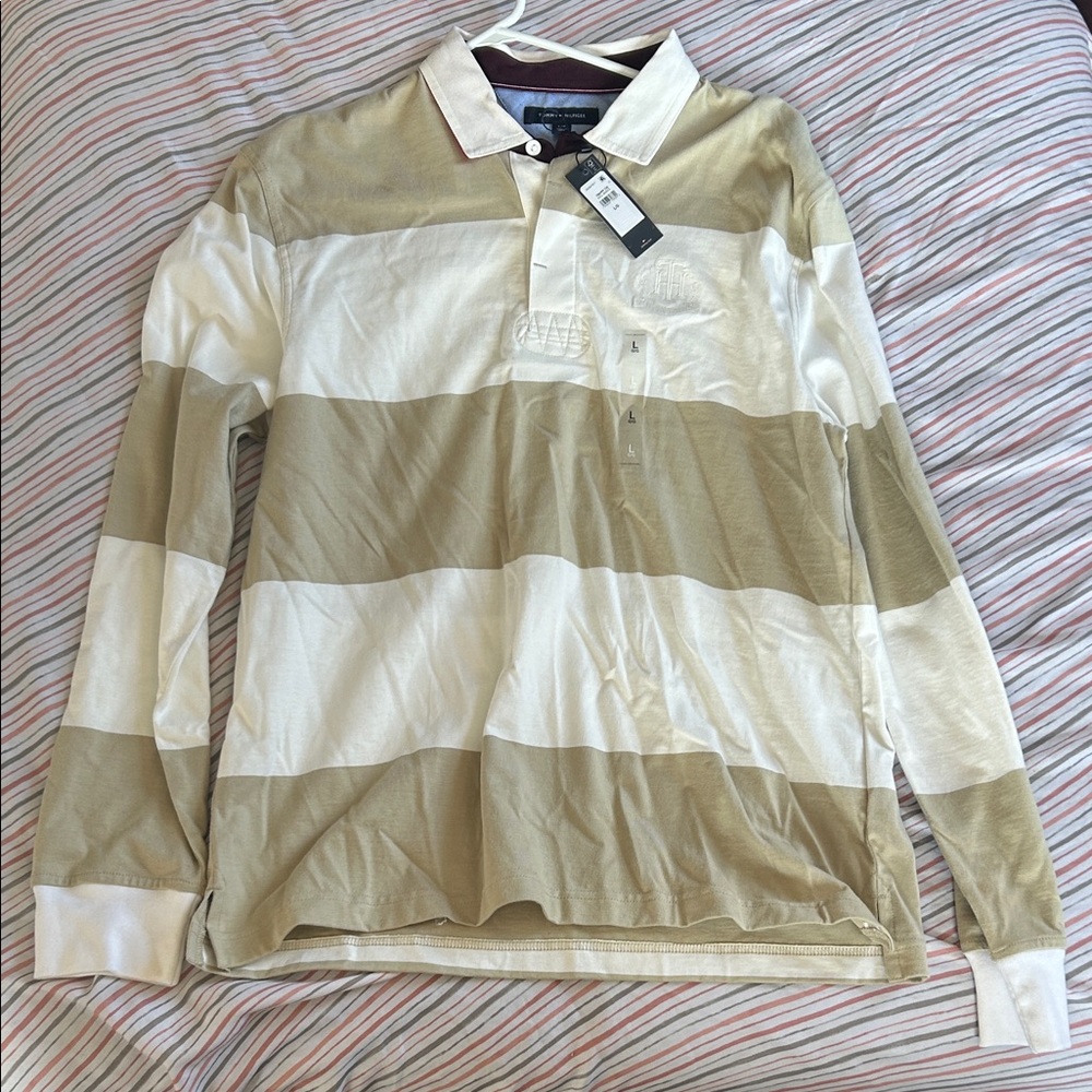 Tommy Hilfiger Cream and Tan Striped Polo